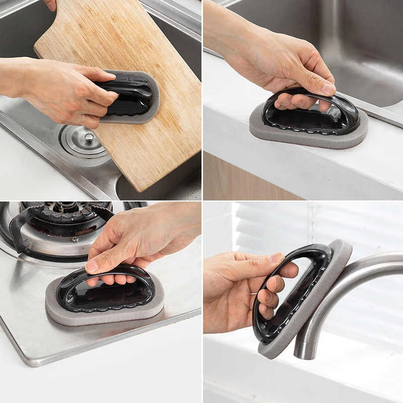 Magic Emery Sponge Brush with Handle Reusable Wipe Eraser Cleaner Kitchen Pot Brush BBQ Strong Decontamination Cleaning Tools